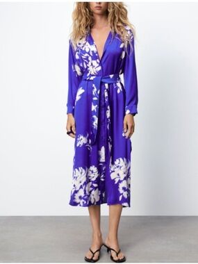 Zara blue and white floral satin belted midi dress